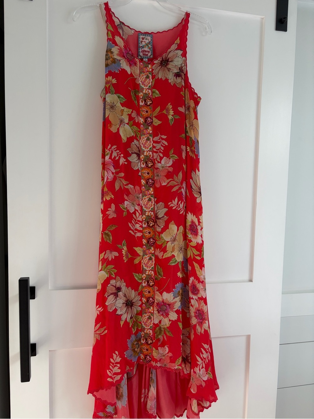 Johnny Was Red Floral Button-Front Maxi Dress